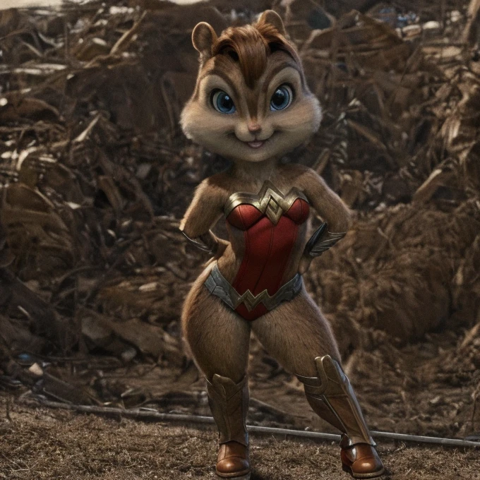 score_9, score_8_up, score_7, score_6, brittany miller, chipmunk, furry, short ears, Wonder Woman outfit, red boots, looking at viewer, 6 inches tall