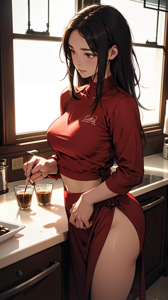 A young woman is making coffee in the kitchen, she is very sexy, she is wearing red colored clothes, her hips are big, she has got a huge tattoo, she is enjoying the evening, she is watching the sun from the window.