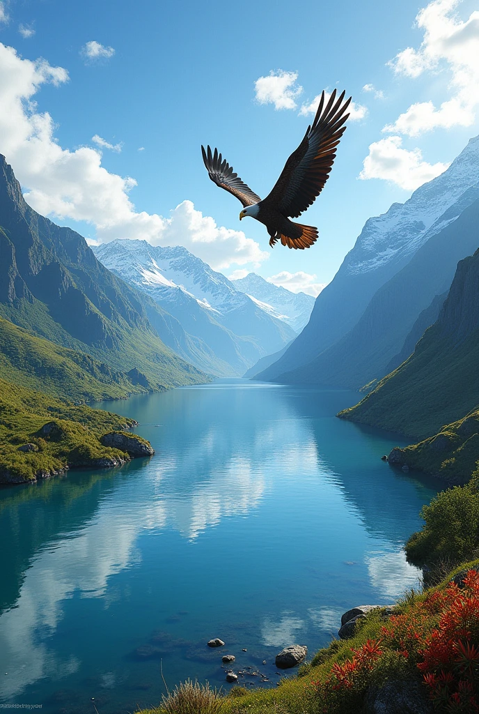 AI Image Prompt:** "A stunning landscape in New Zealand with towering mountains, lush green valleys, a crystal-clear lake reflecting the sky, and a majestic eagle soaring overhead."