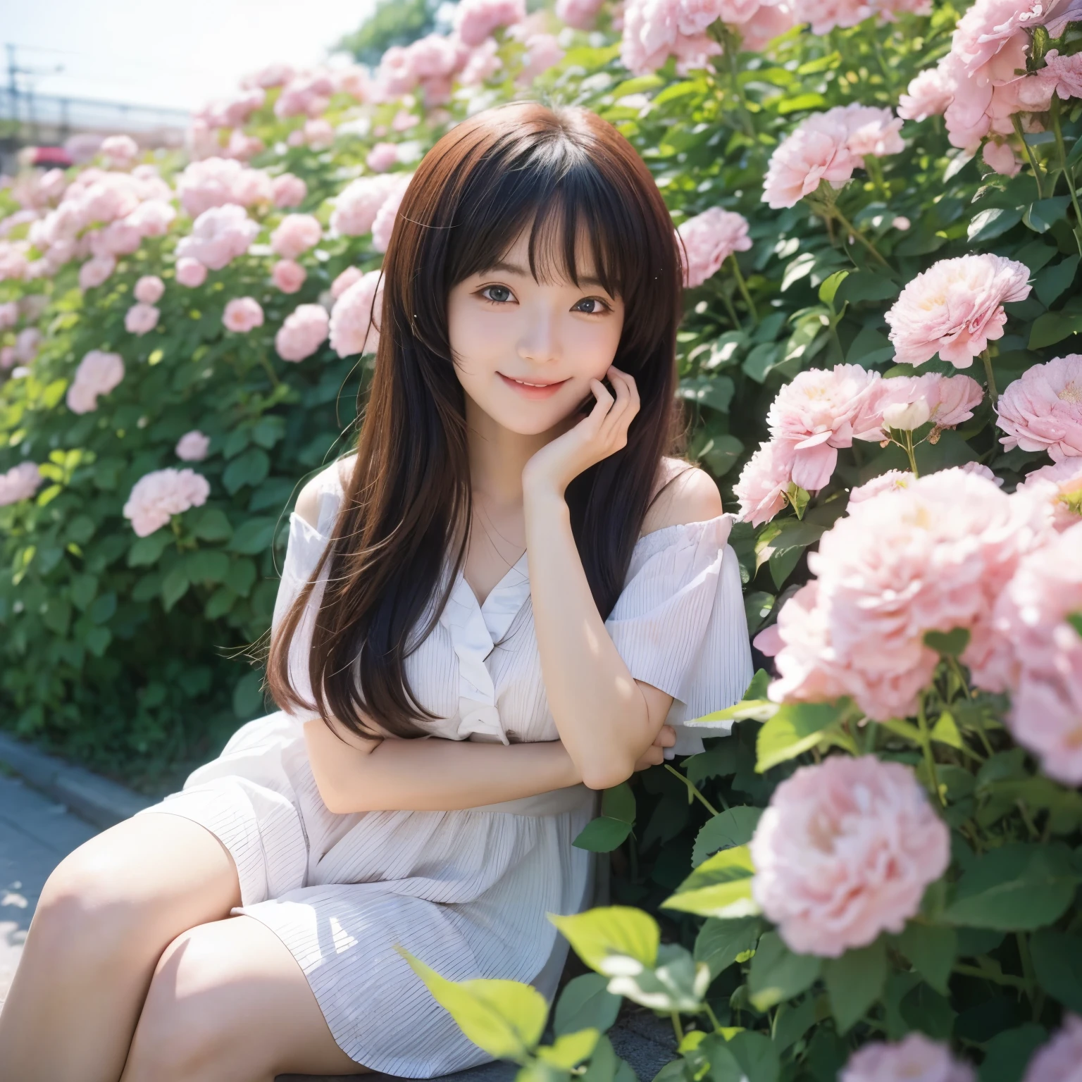 Anime girl in 80s anime style sitting among flowers and looking at the camera, Smile. Pale