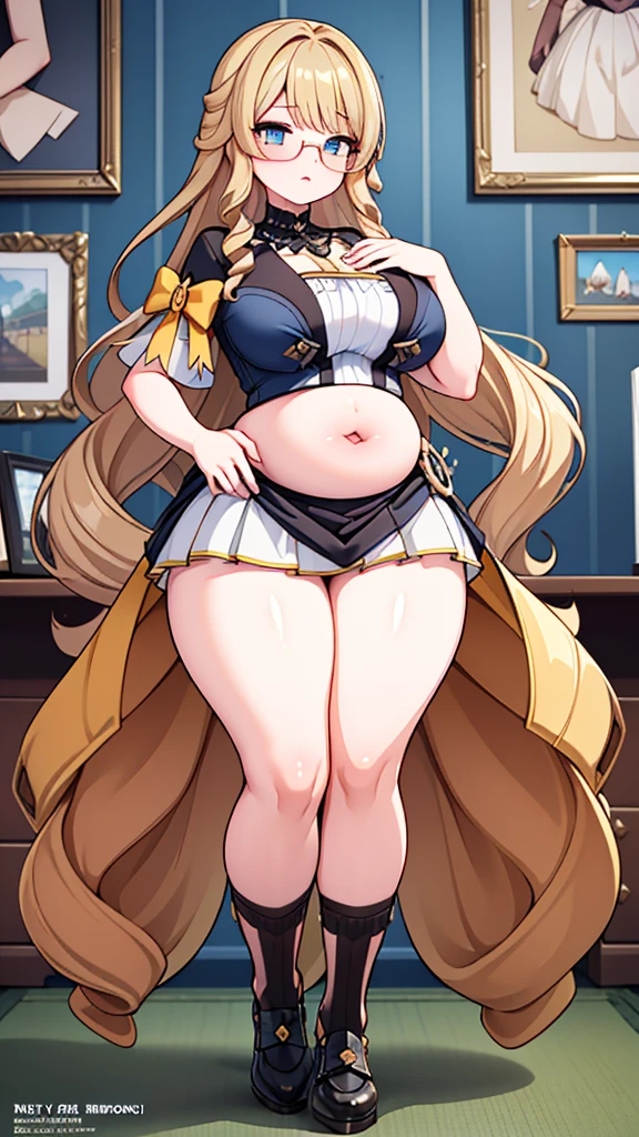 (masterpiece, best quality, highly detailed), 1girls, big belly, huge belly, art by kipteitei, round belly, chubby, curvy, belly grab, enormous belly, fat belly, thicc, bigger belly, really big belly, jiggly belly, shirt covering belly, belly cover by shirt, glasses, skirt, ((full body)), long hair