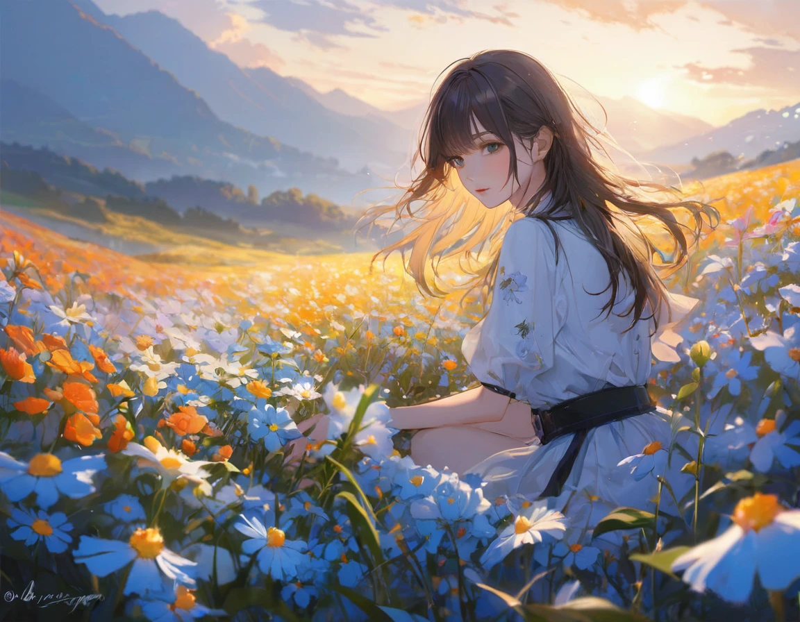 (masterpiece, Highest quality:1.2), One girl, alone, flower field
