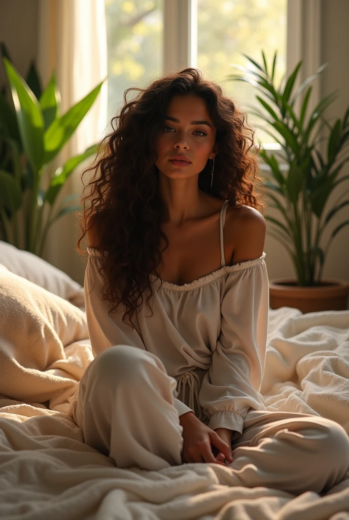 (photorealism:1.2), beautiful woman, sitting on bed, wearing loose off-shoulder top, pajama pants, long curly hair, indoors, soft lighting, plants in background, window with sunlight, cozy room, relaxed pose, realistic, intricate details, warm colors, by Greg Rutkowski, by Alphonse Mucha