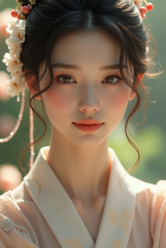 An elegantly dressed Japanese woman in natural light、A close-up of her chest and calm expression.、It shows her inner peace and outer charm.。