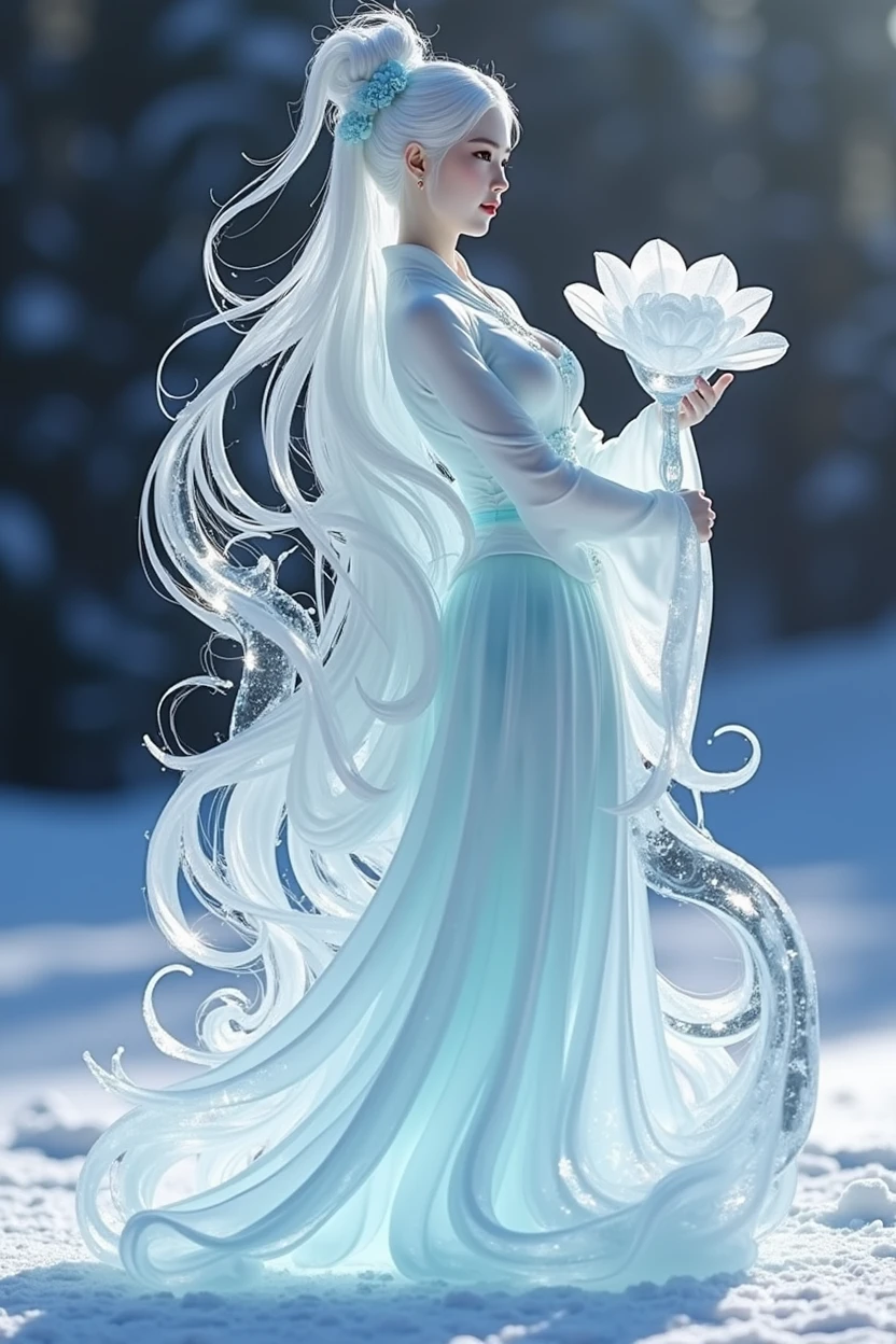 (ice - carving:1.4),Movie Angle,(Fan Bingbing, ice sculpture girl,Anatomically correct,full bodyesbian,Masterpiece ice sculpture camellia,Representative work Hanfu,Smile,sexy,full body arts,traditional arts)