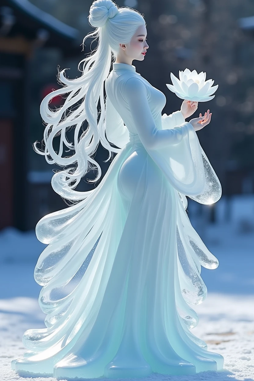 (ice - carving:1.4),Movie Angle,(Fan Bingbing,  ice sculpture girl,Anatomically correct,full bodyesbian,Masterpiece ice sculpture camellia,Representative work Hanfu,Smile,sexy,full body arts,traditional arts)