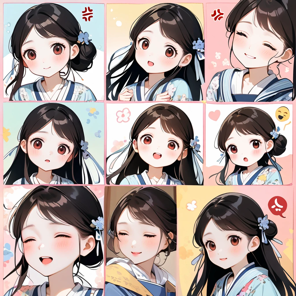 1 个Lovely的女孩，4 grids，4 emoji packs，4.Posture and expressions，sad，surprise，laughing out loud，anger，Suspect，Acting Lovely，Lovely，sleep，naughty，Hate，Hanfu、Hair Bun、Hair accessories，Black stroke，Different emotions，8K