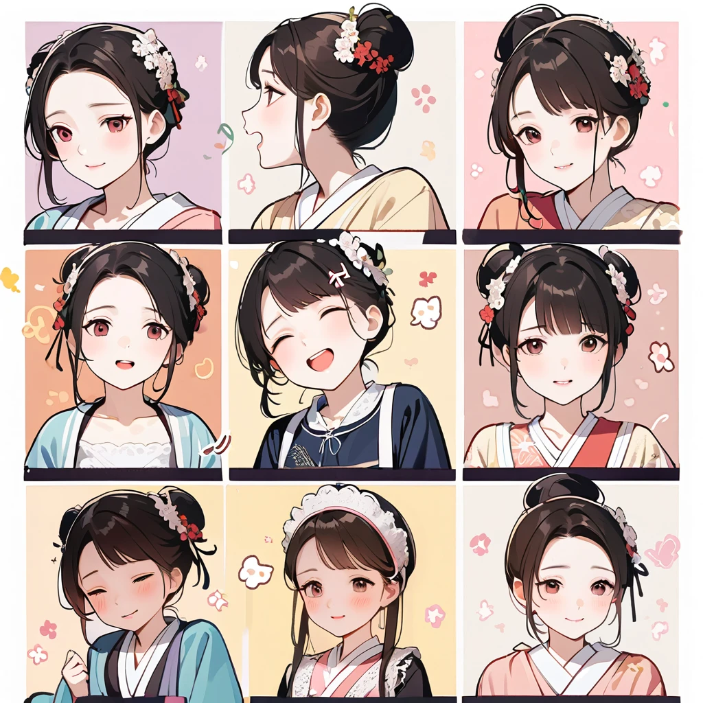 1 个Lovely的女孩，4 grids，4 emoji packs，4.Posture and expressions，sad，surprise，laughing out loud，anger，Suspect，Acting Lovely，Lovely，sleep，naughty，Hate，Hanfu、Hair Bun、Hair accessories，Black stroke，Different emotions，8K