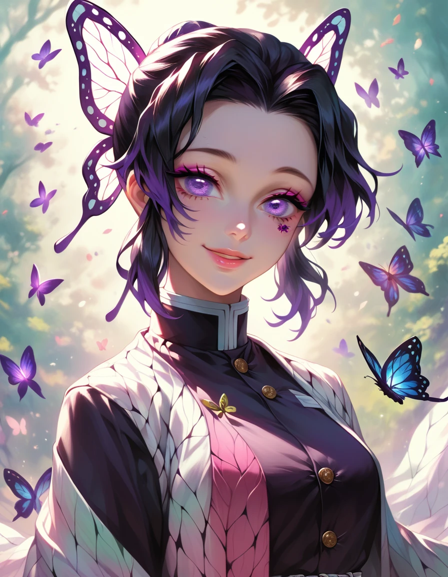 1girl, Shinobu Kochou, demon slayer, Kimetsu no Yaiba, butterfly, detailed butterfly hairpiece, intricate kimono, elegant pose, beautiful detailed eyes, beautiful detailed lips, extremely detailed face and features, glowing butterfly motifs, soft lighting, muted color palette, cinematic composition, digital art, concept art, hyperrealistic, photorealistic, insane detail, masterpiece, best quality, 8k, highres, beautiful fantasy art portrait style lights and glitter eyeshadow palette with a flower in her hair and butterfly 🦋, beautiful smile, purple dress, sweet looking at the viewer, Cute smile ☺