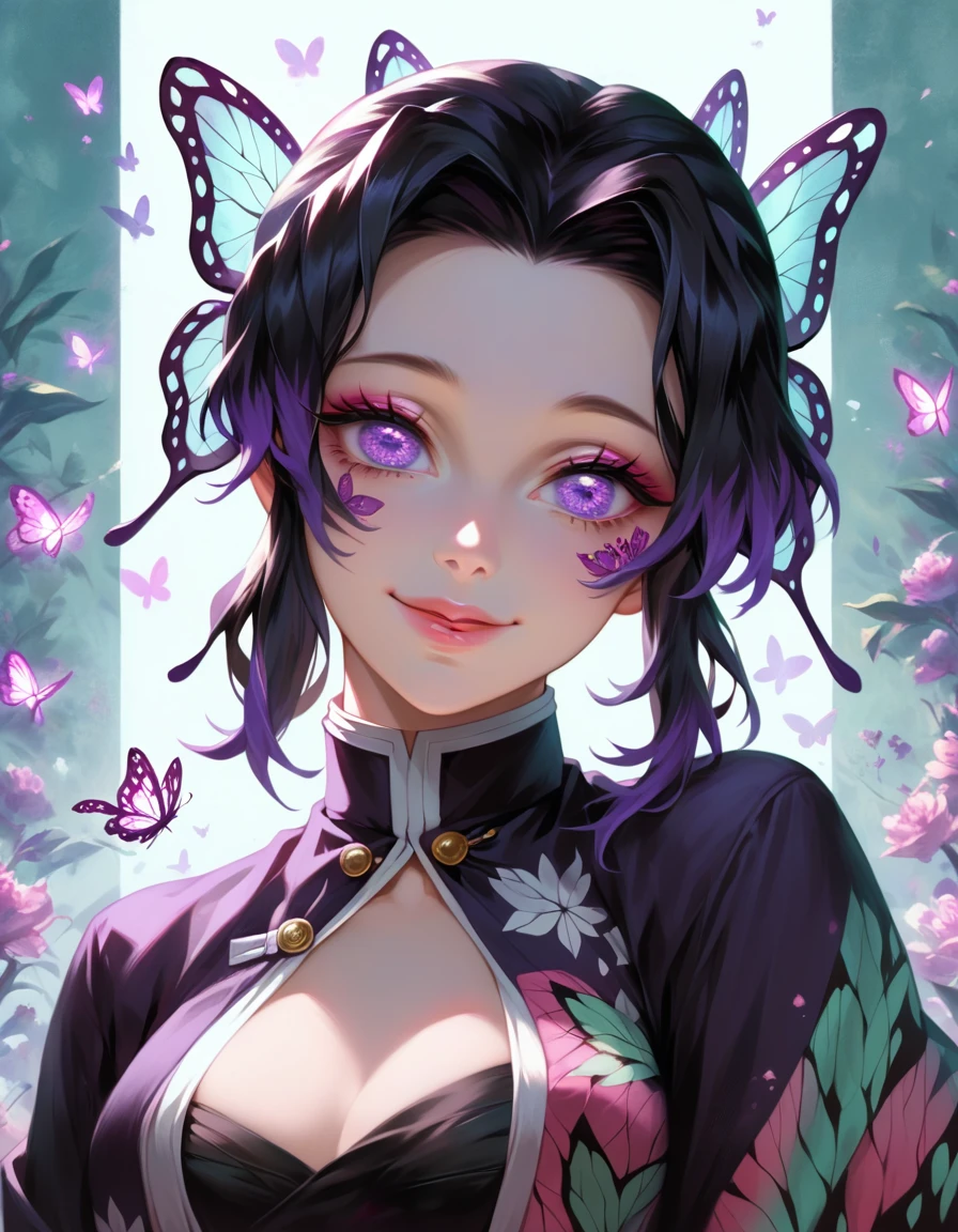 1girl, Shinobu Kochou, demon slayer, Kimetsu no Yaiba, butterfly, detailed butterfly hairpiece, intricate kimono, elegant pose, beautiful detailed eyes, beautiful detailed lips, extremely detailed face and features, glowing butterfly motifs, soft lighting, muted color palette, cinematic composition, digital art, concept art, hyperrealistic, photorealistic, insane detail, masterpiece, best quality, 8k, highres, beautiful fantasy art portrait style lights and glitter eyeshadow palette with a flower in her hair and butterfly 🦋, beautiful smile, purple dress, sweet looking at the viewer, Cute smile ☺