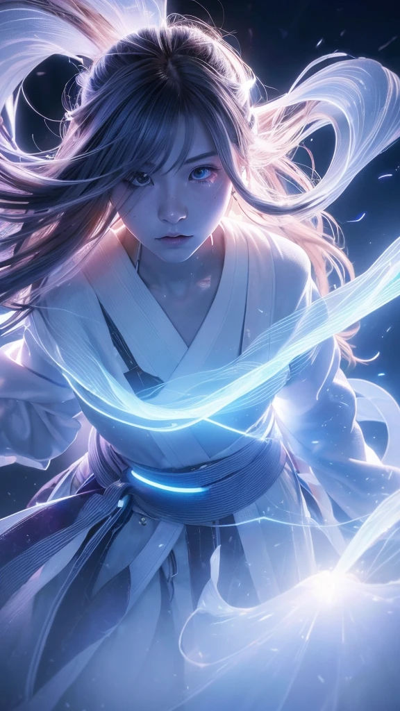 (((8k))), (((High resolution))),((Highest quality)),Beautiful Shrine Maiden,shrine,Upper body only,Face close-up,Beam from the right,BATTLE MODE, A blue aura swirling around the body,fog,Mysterious atmosphere,Serious face,Ultra-realistic,8k,Ultra-fine,Very detailed