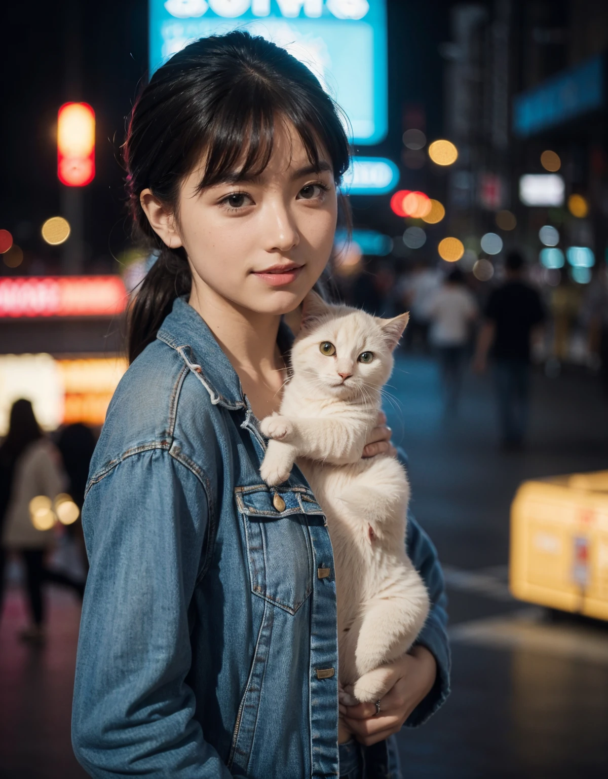 (200mm lens:1.0), f/1.4, (Photorealistic:1.4), (Deep depth of field:1.4), (Surreal:1.4), (Smooth lighting:1.05),(Highest quality, masterpiece, Natural light: 1.0), Soft lighting, Backlight, Upper Body、A beautiful young girl illuminated by neon lights, holding a cute kitten in a lively urban setting. The girl has a joyful expression, wearing trendy clothing. The background is filled with colorful neon signs, busy streets, and a vibrant city atmosphere.