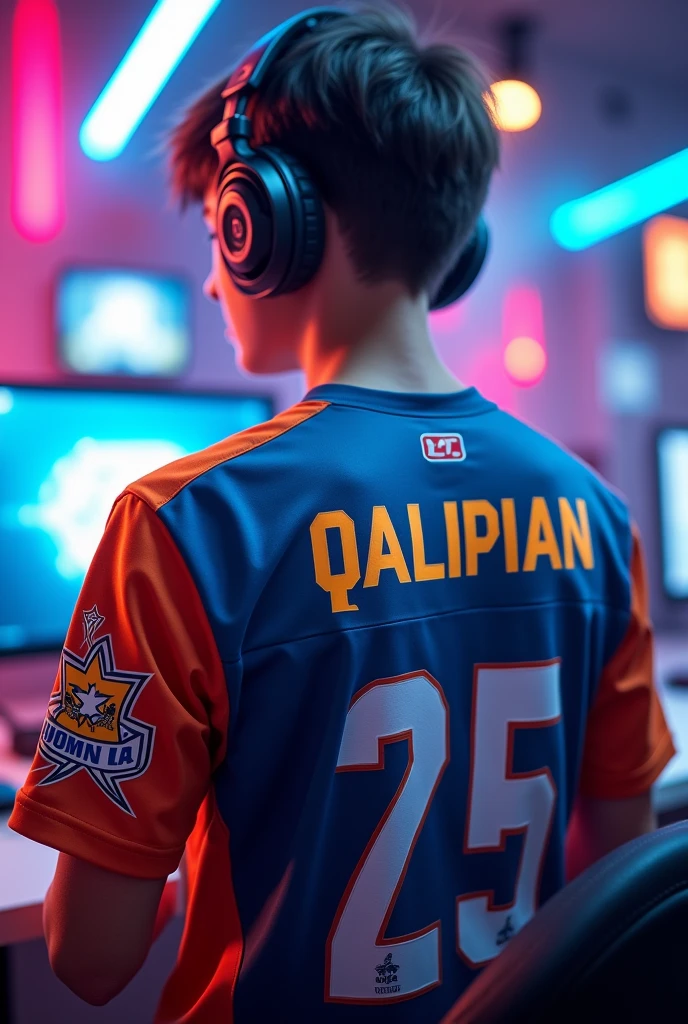A young man mobile gamer wearing esports jersy with a name "QaLipian" at the back.