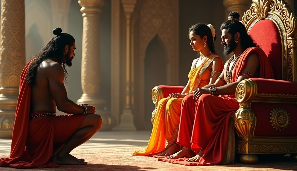 A stunning cinematic photo capturing Lord Hanuman, the divine monkey god, bowing down in reverence to Lord Rama and Sita Mata. The scene takes place in the grand court of King Rama of Ayodhya, with a luxurious kingly sofa as the focal point. Lord Rama, the noble and just ruler, is seated next to his beloved Sita Mata, who exudes grace and elegance. The atmosphere is filled with a sense of divine presence, and the intricate details of the royal court add to the grandeur of the scene., photo, cinematic
