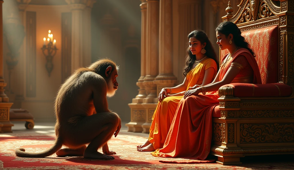 A stunning cinematic photo capturing Lord Hanuman, the divine monkey god, bowing down in reverence to Lord Rama and Sita Mata. The scene takes place in the grand court of King Rama of Ayodhya, with a luxurious kingly sofa as the focal point. Lord Rama, the noble and just ruler, is seated next to his beloved Sita Mata, who exudes grace and elegance. The atmosphere is filled with a sense of divine presence, and the intricate details of the royal court add to the grandeur of the scene., photo, cinematic