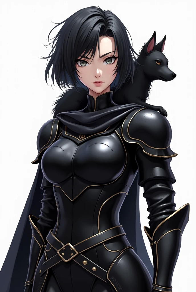 Create an image of Yuta Tenjou with short black hair and black armor, with a confident expression, and her cute little black dog, Night, by your side or on your shoulder, with a simple and clean background.
