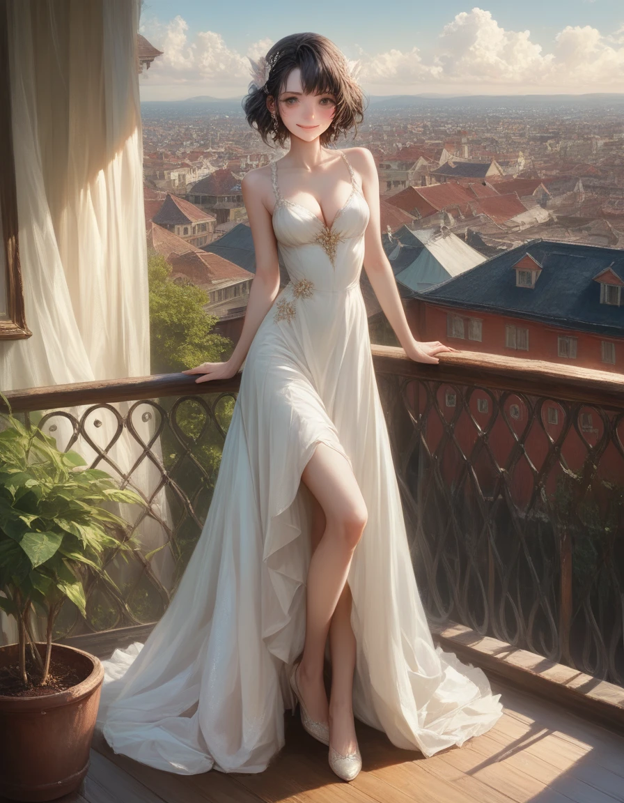 (Realistic:1.5),(raw photo:1.4), (photorealistic:1.3),(masterpiece), best quality, highest quality, extremely detailed CG unity 8k wallpaper, detailed and intricate, original,highres, [:(detailed face:1.2):0.2],film grain, Fujifilm XT3, (high detailed skin:0.9), 8k,(ulzzang-6500:0.9), balcony, show by rock!!, light smile, cleavage, detailed gradient background, full body, sunlight,slim body,beautiful dress,beautiful hand shape, full body
