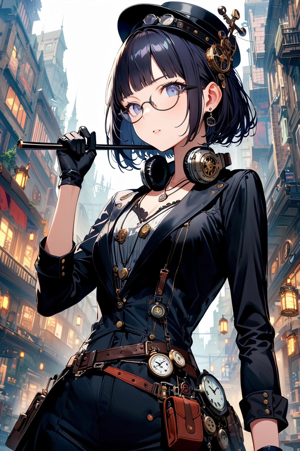 (extremely detailed fine touch:1.3), (((silver semi-rimless eyewear:1.3))), (wear silver headphones around neck:1.0), black short hair, blunt bangs, 1girl, solo, earring, steampunk, black suit, (black silk hat:1.2), black long pants, pocket watch necklace, black gloves, holding black stick, extremely detailed steampunk cityscape,