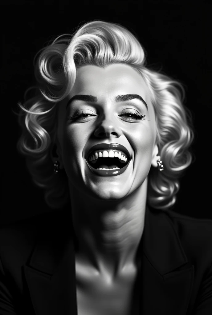 Marilyn Monroe. Extreme reaction (smile without mouth open)(black photo)