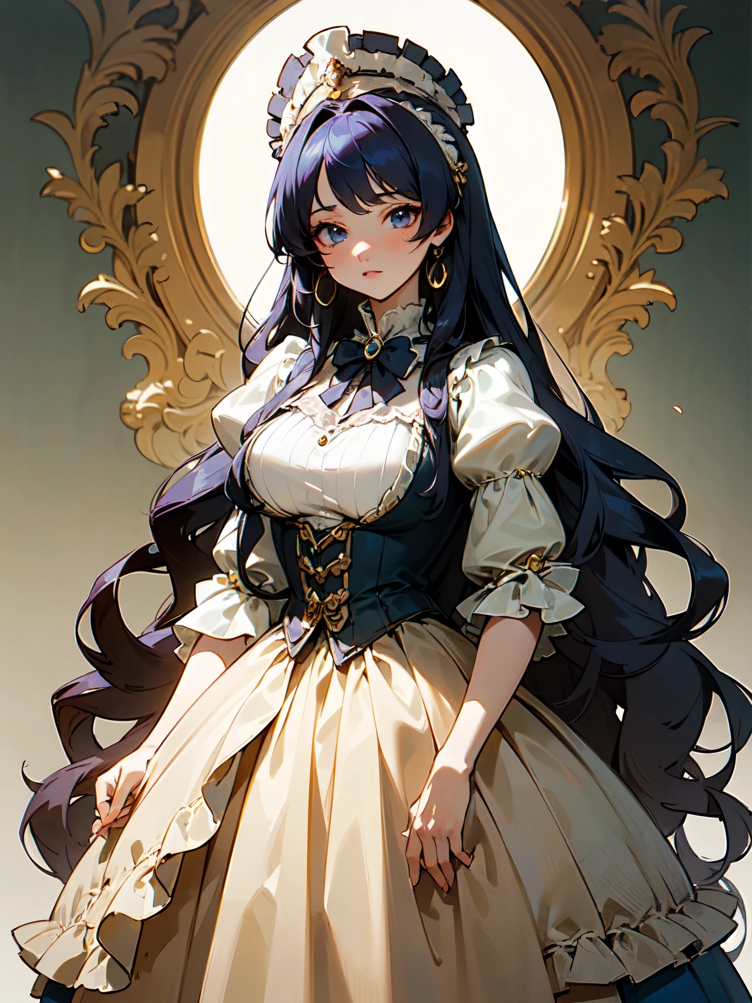 (((Ultra gorgeous beautiful dress is rococo victorian gown with hoopskirt and long hems))), (solo lady :1.2:huge breasts:1.2), (Expressive hair:1.1:very voluminous and very long hair:1.1), bangs, (cowboy shot:1.1), (super delicate face:1.3:masterpiece:1.3:ultra detailed:1.3:an extremely delicate and beautiful:1.2:unity 16k wallpaper:1.1), (moe anime art style:1.1),