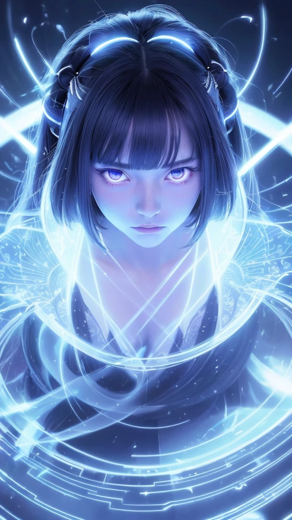 (((8k))), (((High resolution))),((Highest quality)),Beautiful Shrine Maiden,shrine,Upper body only,Face close-up,Beam from the right,BATTLE MODE, A blue aura swirling around the body,fog,Mysterious atmosphere,Serious face,Ultra-realistic,8k,Ultra-fine,Very detailed