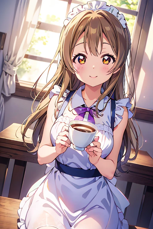 Highest quality、masterpiece、One Girl、alone、anime、animeScreencap、Ray Tracing、Global Illumination、ultra hi resolution picture、Bright colors、Light on the face、Glowing Eyes、Depth of written boundary、Detailed Background、cute、Straight、smile、View your viewers、Love Live!、whole body、Coffee shop、Maid clothes、Minami Kotori