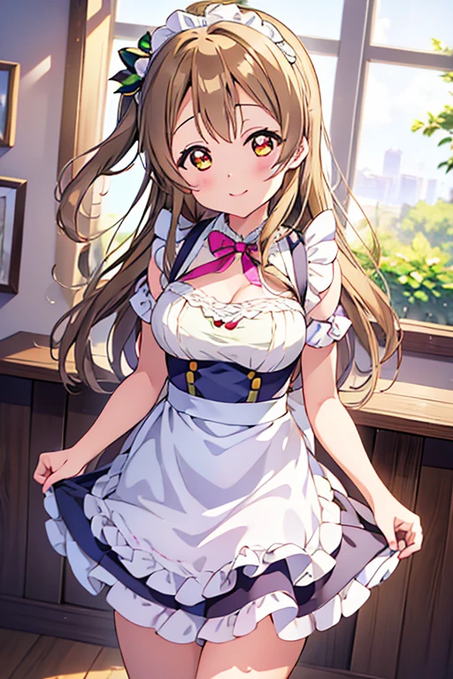  Highest quality、masterpiece、One Girl、alone、anime、animeScreencap、Ray Tracing、Global Illumination、ultra hi resolution picture、Bright colors、Light on the face、Glowing Eyes、Depth of written boundary、Detailed Background、cute、Straight、smile、View your viewers、Love Live!、whole body、Coffee shop、Maid clothes、Minami Kotori