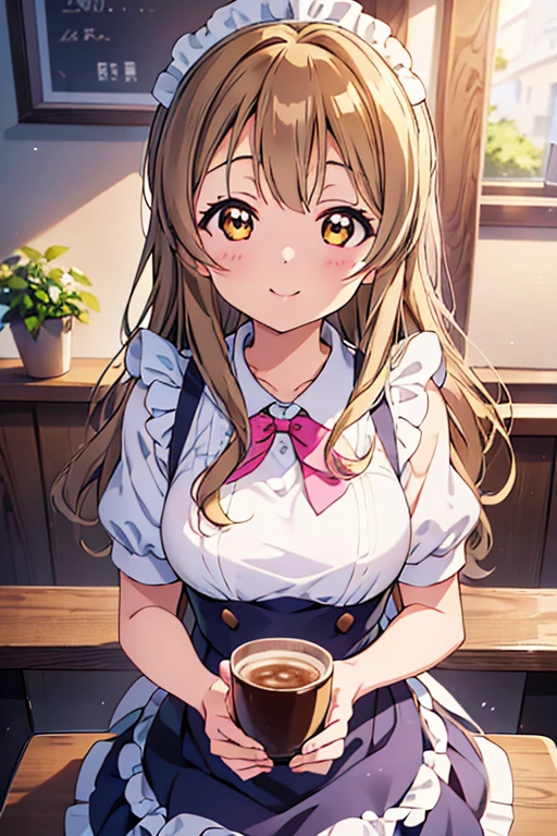Highest quality、masterpiece、One Girl、alone、anime、animeScreencap、Ray Tracing、Global Illumination、ultra hi resolution picture、Bright colors、Light on the face、Glowing Eyes、Depth of written boundary、Detailed Background、cute、Straight、smile、View your viewers、Love Live!、whole body、Coffee shop、Maid clothes、Minami Kotori