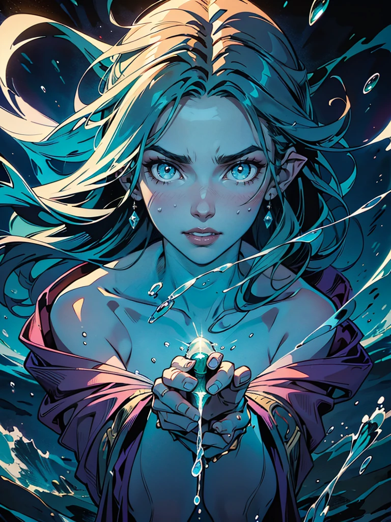 high details, best quality, 16k, [ultra detailed], masterpiece, best quality, (extremely detailed), full body, ultra wide shot, RAW, photorealistic, fantasy art, dnd art, rpg art, realistic art, an ultra wide picture of a mermaid (1.5 intricate details, Masterpiece, best quality) water mage casting ((water control spell)), water wizard ((water magic, intense magic details)), ((controlling a swirling mass of water)), magical symbols GlowingRunes_pink, female mermaid, blue skin, green hair, long hair, swirling hair, intense eyes, small pointed ears, ((blue eyes)), ((glowing eyes)), armed with magical wand, wearing sea shell clothing, beautiful mermaid, underwater background, rich underwater life, ((magical atmosphere)), fish and sea weeds, high details, best quality, highres, ultra wide angle