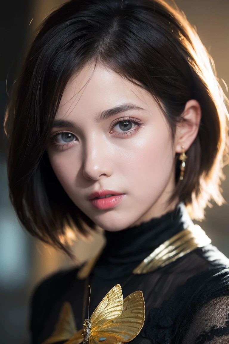 Portrait of a beautiful cyborg with brown hair in 8k, Complex, elegant, Very detailed, Majestic, Digital photography, art：artgerm、Ruan Jia、greg rutkowski, surrealistic painting, Gold butterfly decoration, Broken glass, (masterpiece, Side light, Delicate and beautiful eyes: 1.2), Human Development Report