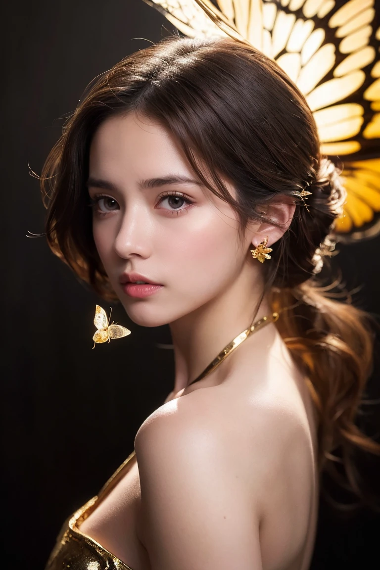 Portrait of a beautiful cyborg with brown hair in 8k, Complex, elegant, Very detailed, Majestic, Digital photography, art：artgerm、Ruan Jia、greg rutkowski, surrealistic painting, Gold butterfly decoration, Broken glass, (masterpiece, Side light, Delicate and beautiful eyes: 1.2), Human Development Report