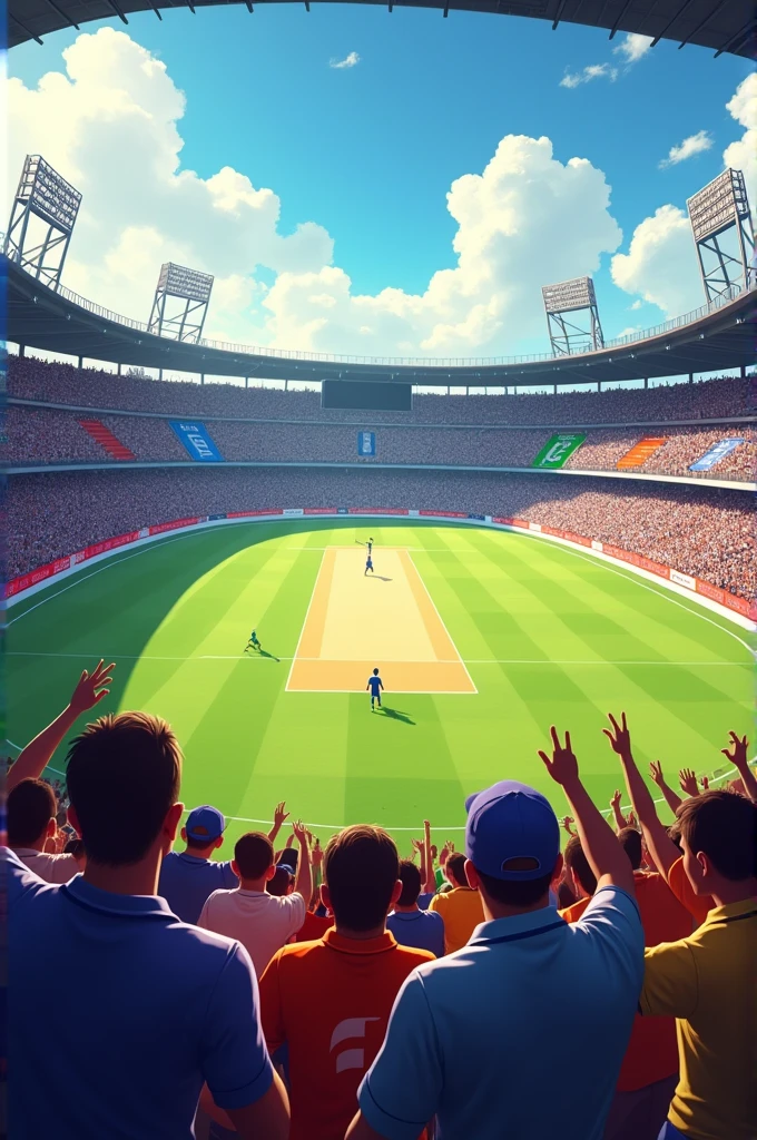 Make a Cricket stadium full of audience making noises and holding banners in a Cricket match in public men women children clear best looking shining faces