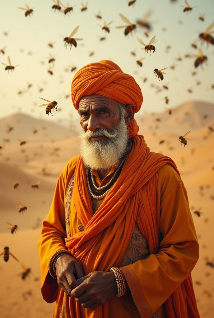 A Rajasthani man with a turban on his head is a beekeeper and stands among the bees (requires thumbnail for YouTube video)