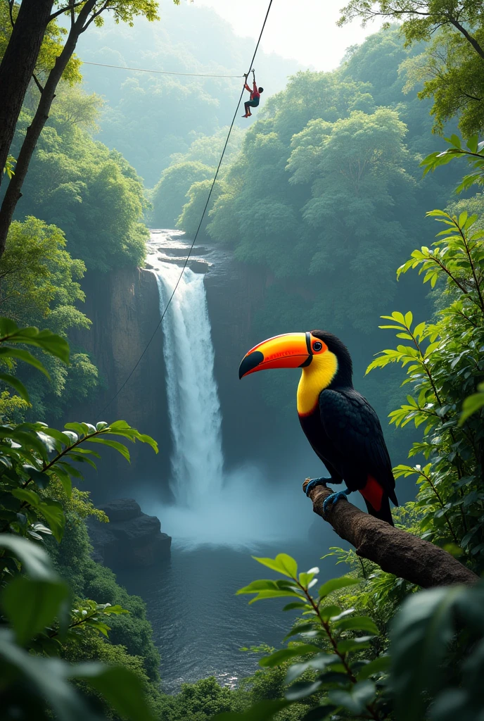 **AI Image Prompt:** "A lush rainforest scene in Costa Rica with a vibrant toucan perched on a branch, a cascading waterfall, and a zip-liner soaring through the canopy."