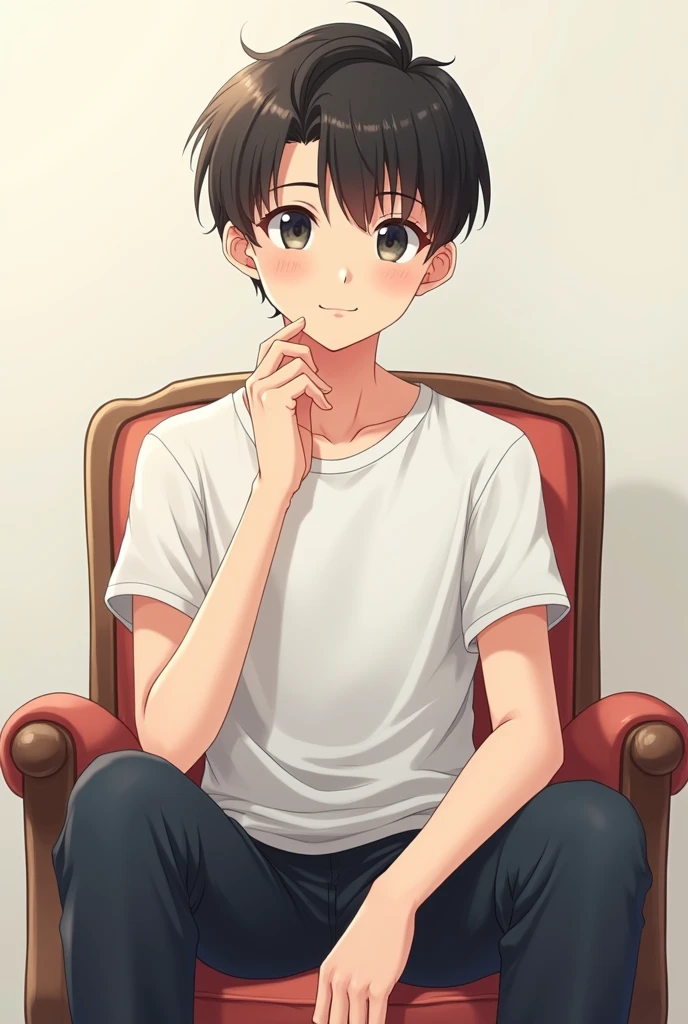 Anime 18 years young boy show with front view sitting with chair