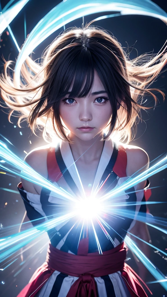 (((8k))), (((High resolution))),((Highest quality)),Beautiful Shrine Maiden,shrine,Upper body only,Face close-up,Beam from the right,BATTLE MODE, A blue aura swirling around the body,fog,Mysterious atmosphere,Serious face,Ultra-realistic,8k,Ultra-fine,Very detailed