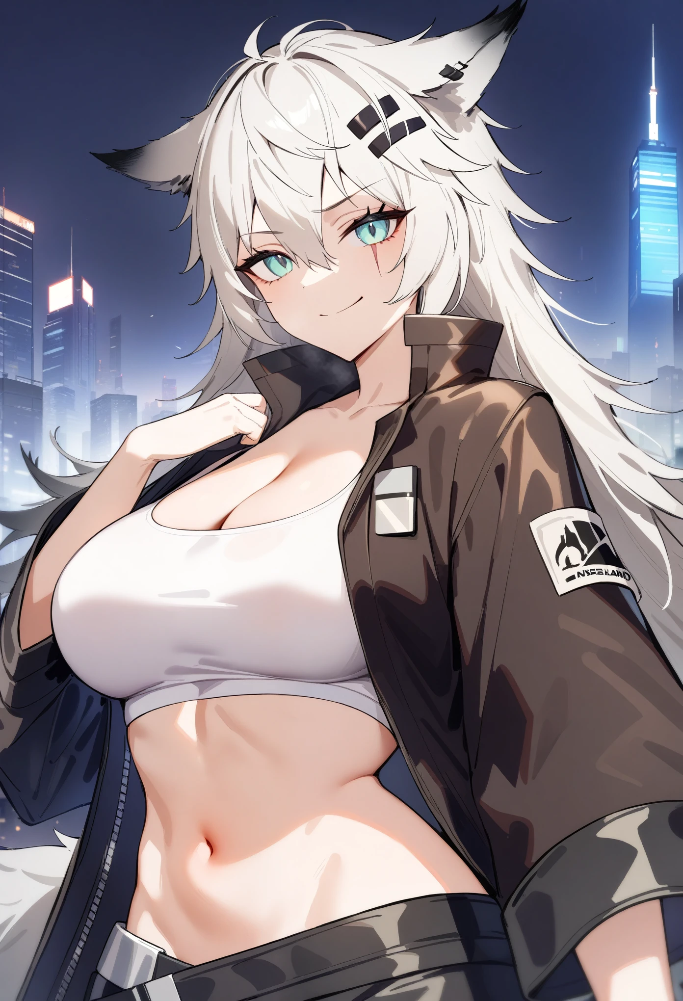 masterpiece, best quality, very aesthetic, absurdres, 1girl, lappland\(arknights), arknights, looking at viewer, upper body, wolf ears, aqua eyes, scar across eye, breasts, cleavage, navel, hairclip, open jacket, white tube top, smirk, closed mouth, night city