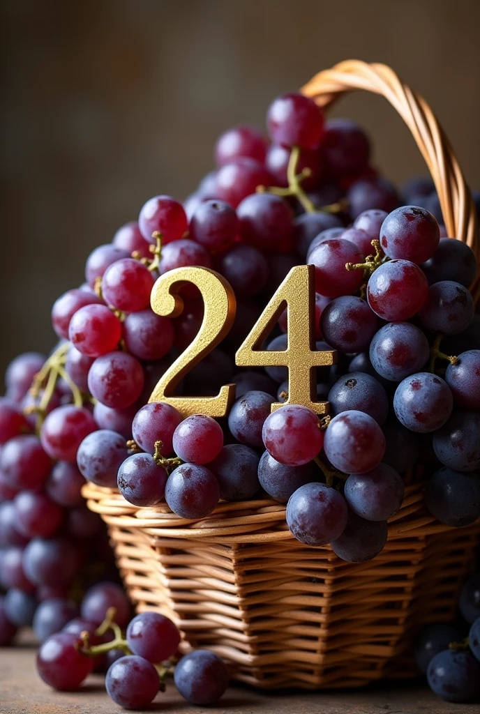 A photo of a basket of grapes with the number 24 written in gold letters