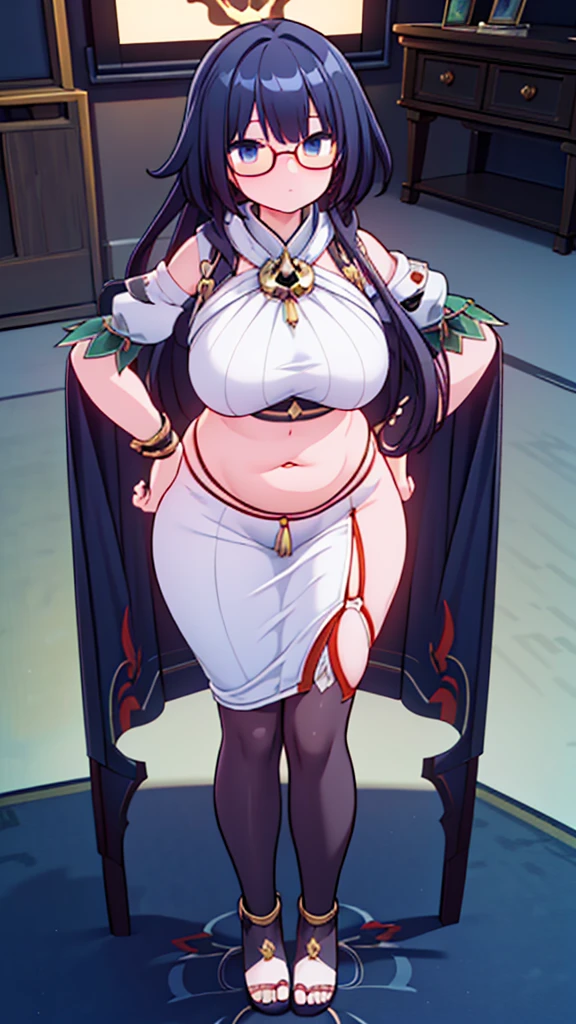 (masterpiece, best quality, highly detailed), 1girls, big belly, huge belly, art by kipteitei, round belly, chubby, curvy, belly grab, enormous belly, fat belly, thicc, bigger belly, really big belly, jiggly belly, shirt covering belly, belly cover by shirt, glasses, skirt, ((full body)), long hair