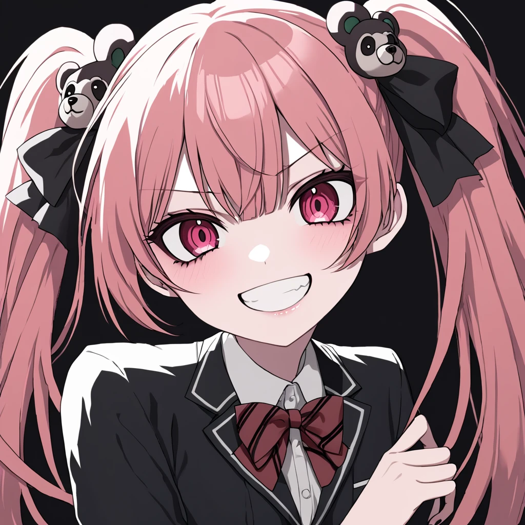  8K, wicked attention to detail, Beautifully detailed face, Super detailed,Junko Enoshima, danganronpa, twintails hair, bear hair ornament, grin wickedly, student, danganronpa, Cowboy Shot,