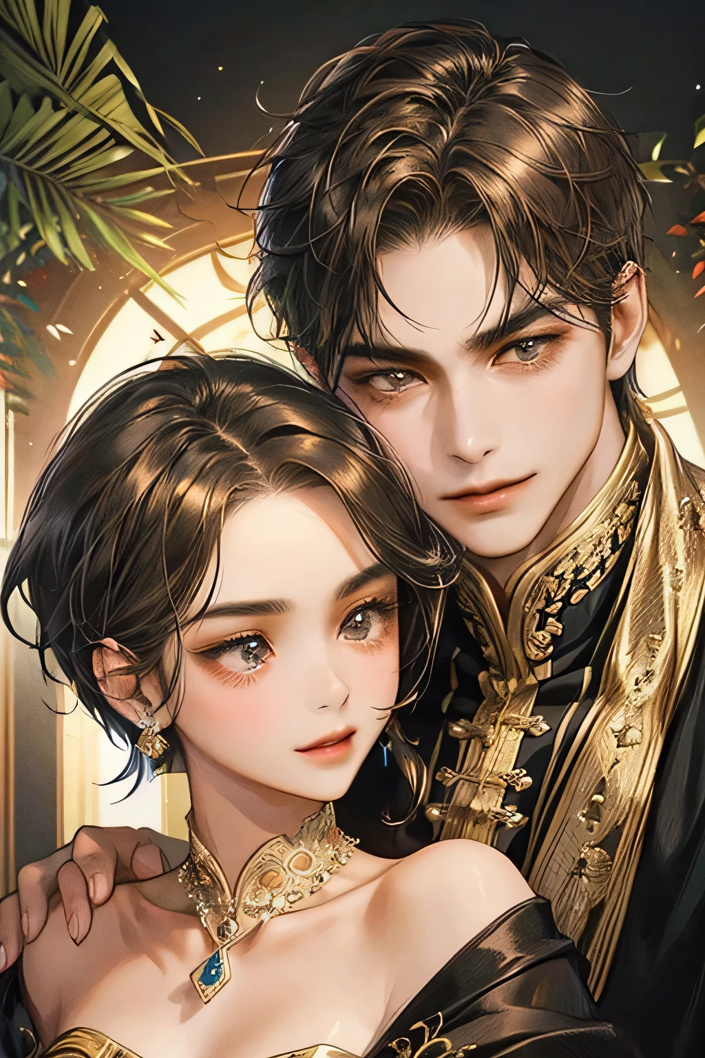 Couple, brown hair, javanese style, masterpiece, best quality, realistic, romantic and charming, 29 years old, light black eyes, serious, extremely detailed face, smile,, ((short-right-swept dark wine hair)), [ eyebrows], black suit, prambanan temple, accurate, detailed