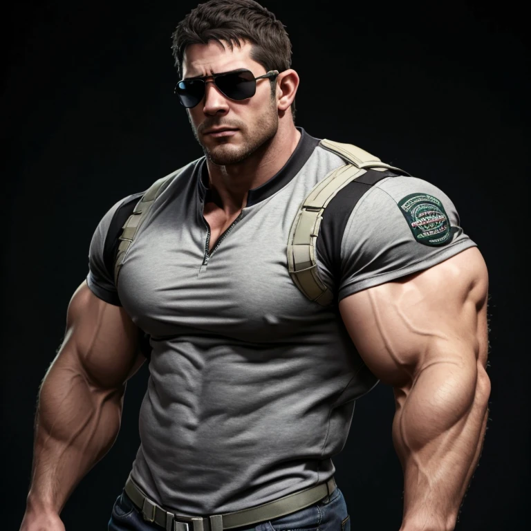 chris redfield, a very handsome young man, sunglasses, wearing a gray shirt, exaggeratedly muscular, exaggeratedly huge biceps and arms, on a black background
