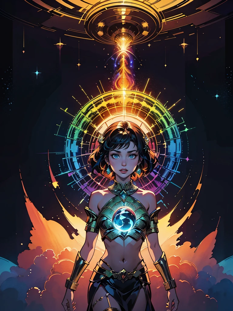 (obra de arte, melhor qualidade, high resolution:1.4), detalhado, detalhes intrincados, 4k, salpicos de cor, arte de linhae, arte, Avatar Korra, psychedelic art, lindo rosto encantador,Detalhes do DMT, alucinante, tarot card style, Mostrar objetos completos