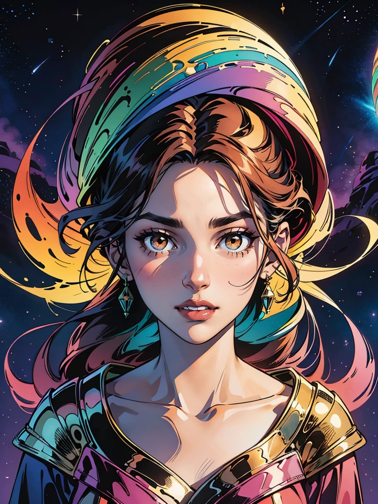 psychedelic, Fantasy Room, Multiple planets, Fantasy-Galaxie, 1girls, Psychedelic Goddess, Rainbow lighting, magical, masterpiece, High quality, 4K,