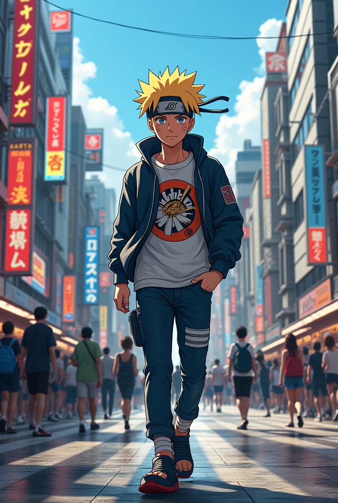 Naruto Uzumaki wears college outfits waking on Tokyo street , vertical picture