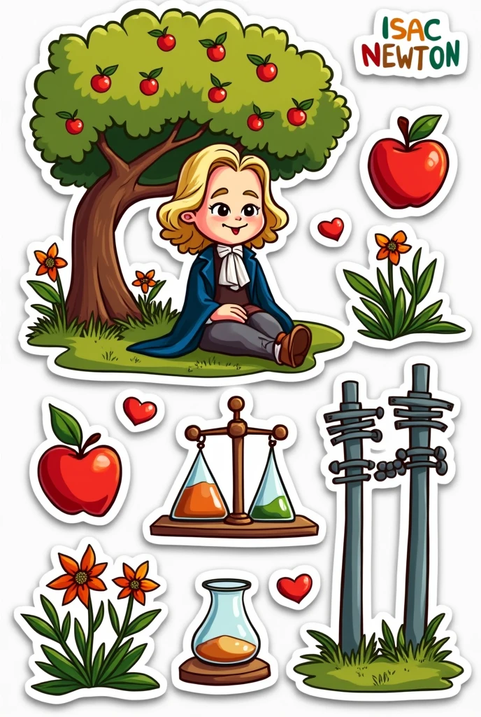 Make a picture of a sticker sheet of cartoon images of Isaac Newton sitting under the apple tree, an apple, A beaker, A weighing machine, two electricity poles, many plants and flowers, MEASUREMENTS in a very doodly style and finally a picture of a human being.
Remember that all these images are meant to be on an A4 sheet and they need to occupy only maximum 5 inches of the paper. All the images need to be in a cartoon style too. I want to print the image out on a A4 sheet, so make sure it looks like a printable sticker sheet.