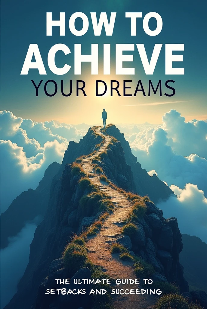 Create an inspiring and visually striking image that encapsulates the essence of achieving dreams and overcoming setbacks. Feature a person standing at the peak of a mountain, symbolizing success and achievement. In the background, show a path winding through various obstacles, like rocky terrain and storms, representing the journey and challenges faced. Include bright, uplifting colors like blue skies and golden sunlight to convey hope and positivity. Overlay the text “How to Achieve Your Dreams” prominently, with a subtitle “The Ultimate Guide to Overcoming Setbacks and Succeeding” in a smaller, complementary font.
generate in size 1280:720 pixels