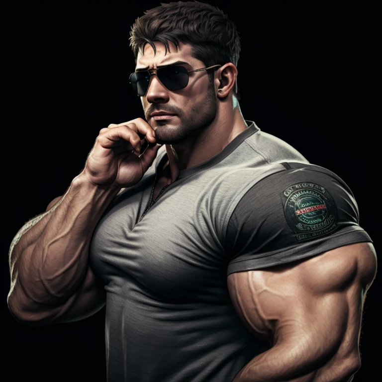 chris redfield, brutalmass, a very handsome young man, sunglasses, wearing a gray shirt, on a black background