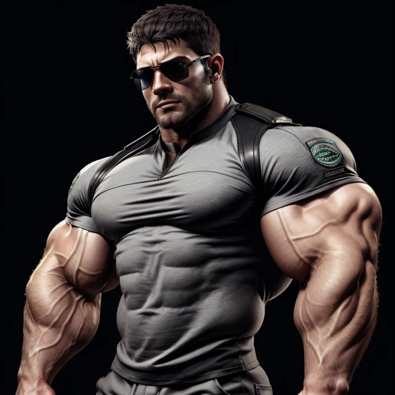 chris redfield, brutalmass, a very handsome young man, sunglasses, wearing a gray shirt, on a black background