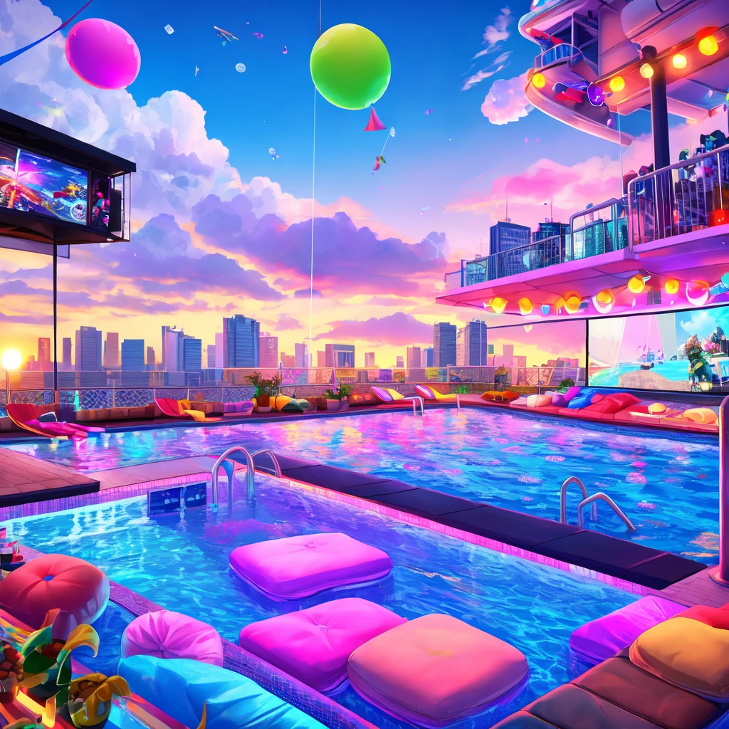 4K Quality vibrant floating hangout floating in a city clouds ☁️ and party 🎉 effects all over and text at the bottom saying “Skyline Hangout” and a pool and giant projector